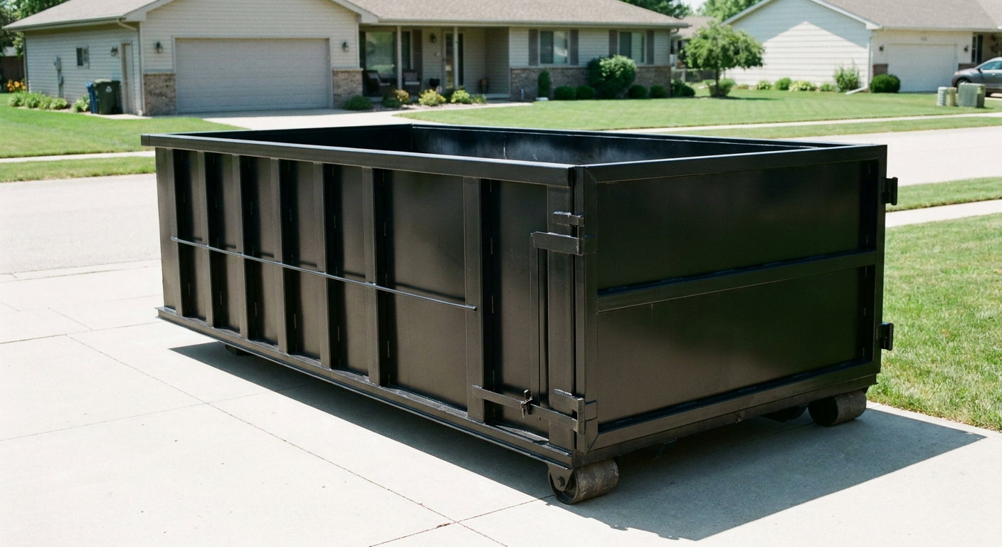 Matte-black 10-yard roll-off dumpster on a residential concrete driveway in New Britain, uniformly painted matte black across every panel and rail, ribbed steel sidewalls and rear swing door visible, mid-day daylight.