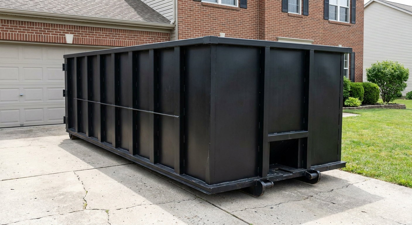 Matte-black 20-yard roll-off container on a New Britain residential concrete driveway with reinforced ribbed steel sidewalls and a hinged rear walk-in door, clean bright daylight.