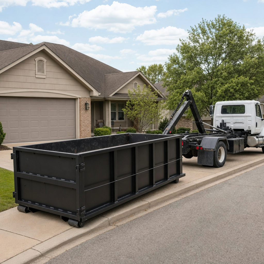 Wide documentary shot of a matte-black roll-off dumpster on a New Britain residential driveway in the foreground and a contractor jobsite container in the soft-focus background, bright daylight, calm and orderly composition.